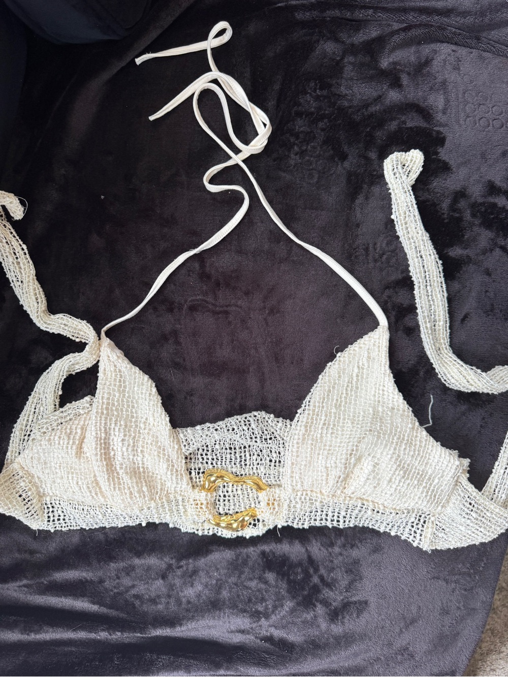 SHEIN Cream Crochet Triangle Bralette with Gold Chain Accent